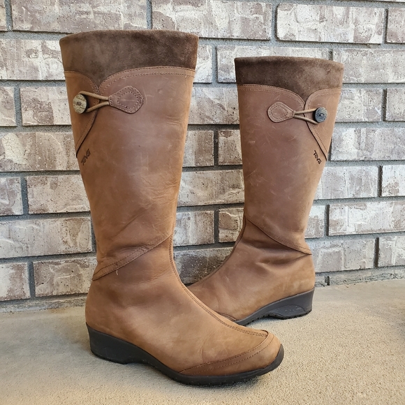 しょうTEVA Teva 4325 Boots Black Leather Knee High Wedge Full Zipper